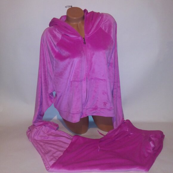 Victoria Secret Jogger Set Crop Top Sweater & Pants Velour Pink Pockets Solid Zi - Picture 1 of 14